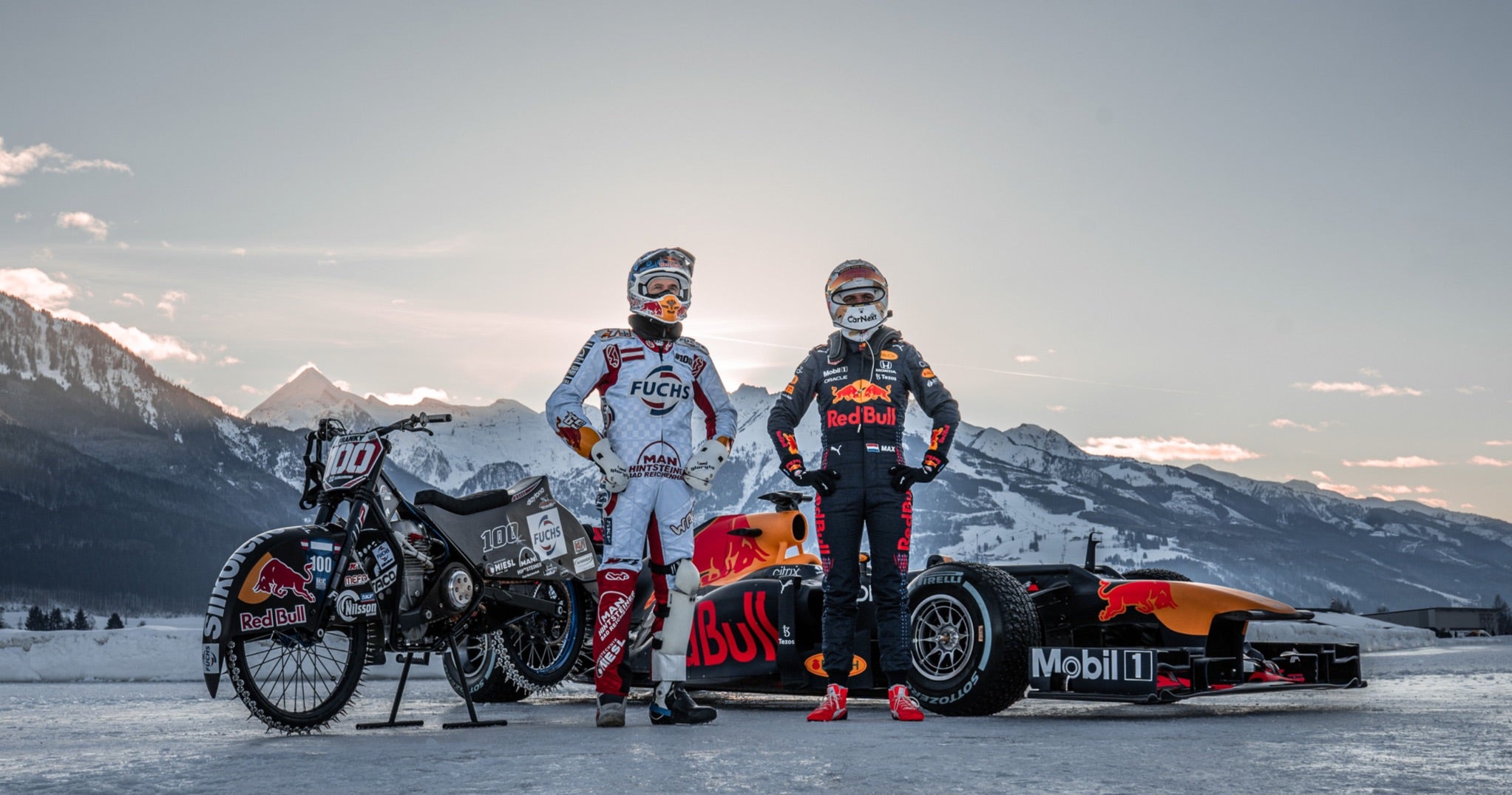 <span>Champion ice speedway motorcyclist Franz Zorn (left) accompanied F1’s Max Verstappen (right) for a friendly competition around the track</span> <br/><span class="caption-sub"><em>Photo credit: Malte Dressel </em></span><br/>